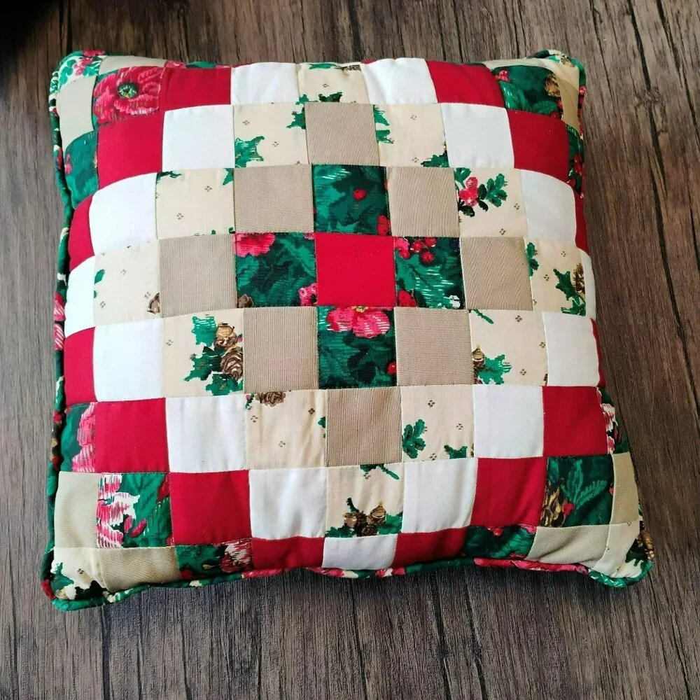 Holiday Patchwork Throw Pillow, Vintage Handmade Quilted Red Green Floral 14